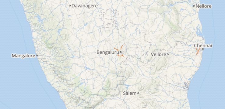 Lightning status over Kerala, Karnataka and Tamil Nadu